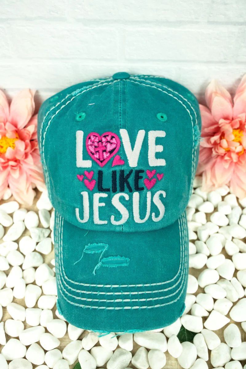 Beige DISTRESSED TURQUOISE 'LOVE LIKE JESUS' CAP IMG-0568.webp distressed-turquoise-love-like-jesus-cap Caps & Beanies