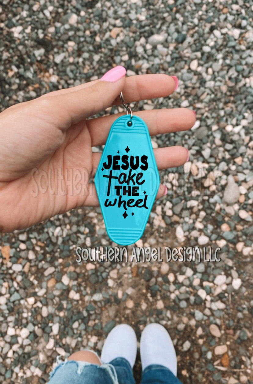 Jesus Take The Wheel Vintage Motel Keychain Trendy Key Tag Homemade Funny Gifts for Her Pink Car Accessories