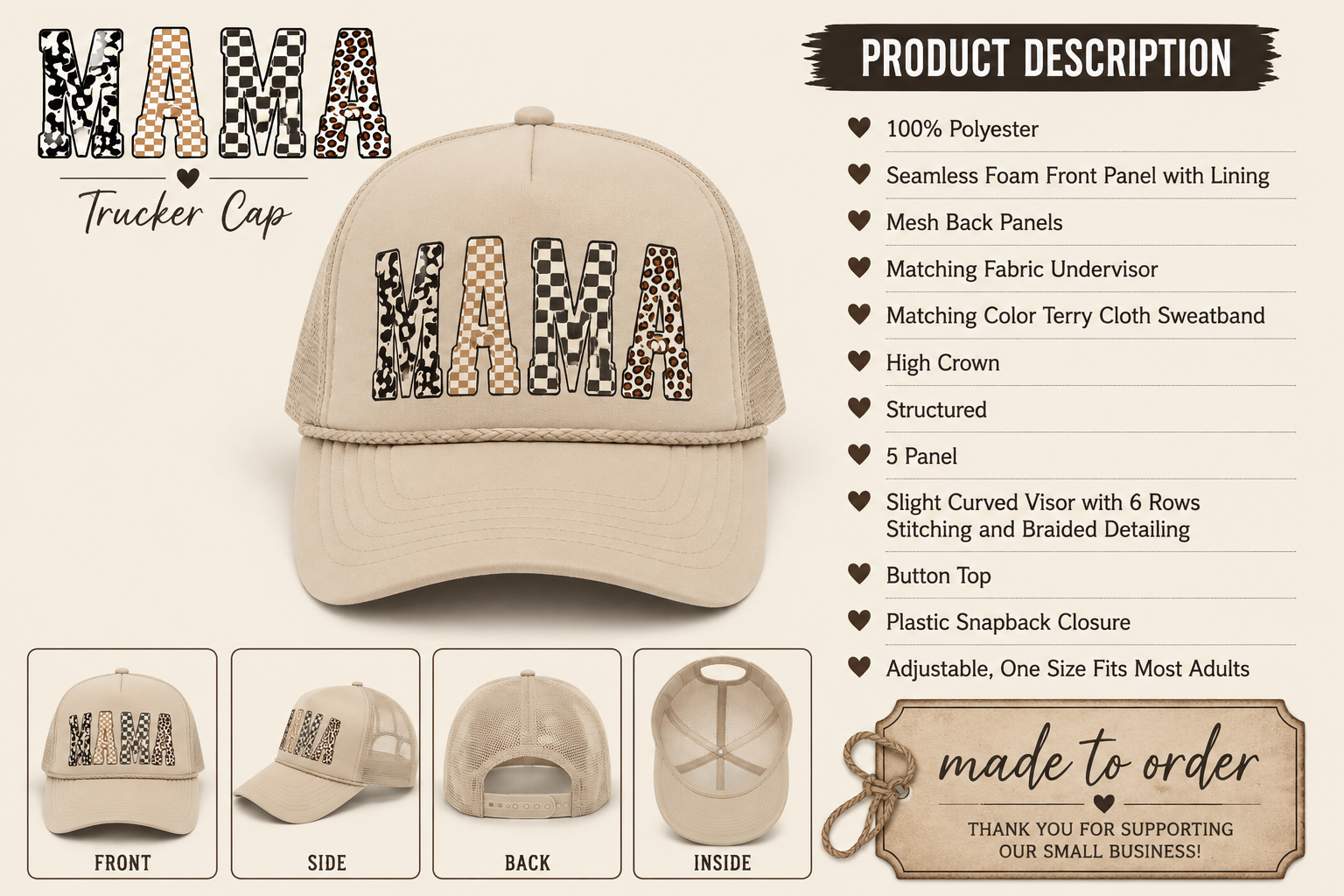 LEOPARD CHECKERED MAMA OTTO KHAKI FOAM FRONT TRUCKER HAT - Southern Angel Design