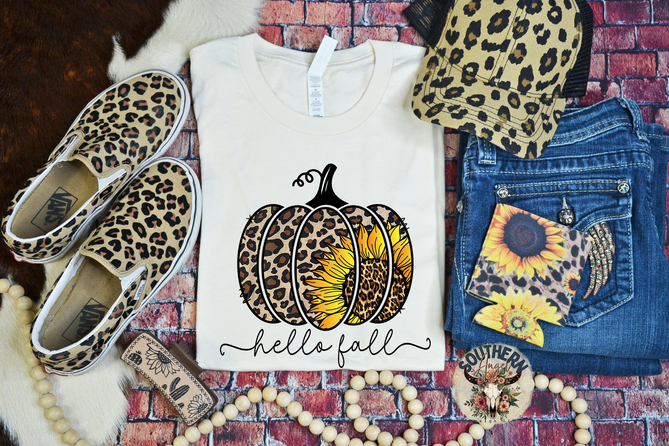 Leopard Print Hello Fall t-shirt - Southern Angel Design