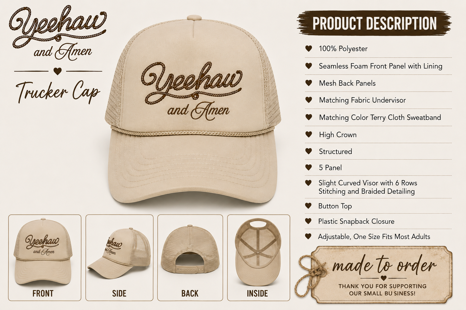 YEEHAW & AMEN OTTO KHAKI FOAM FRONT TRUCKER HAT - Southern Angel Design
