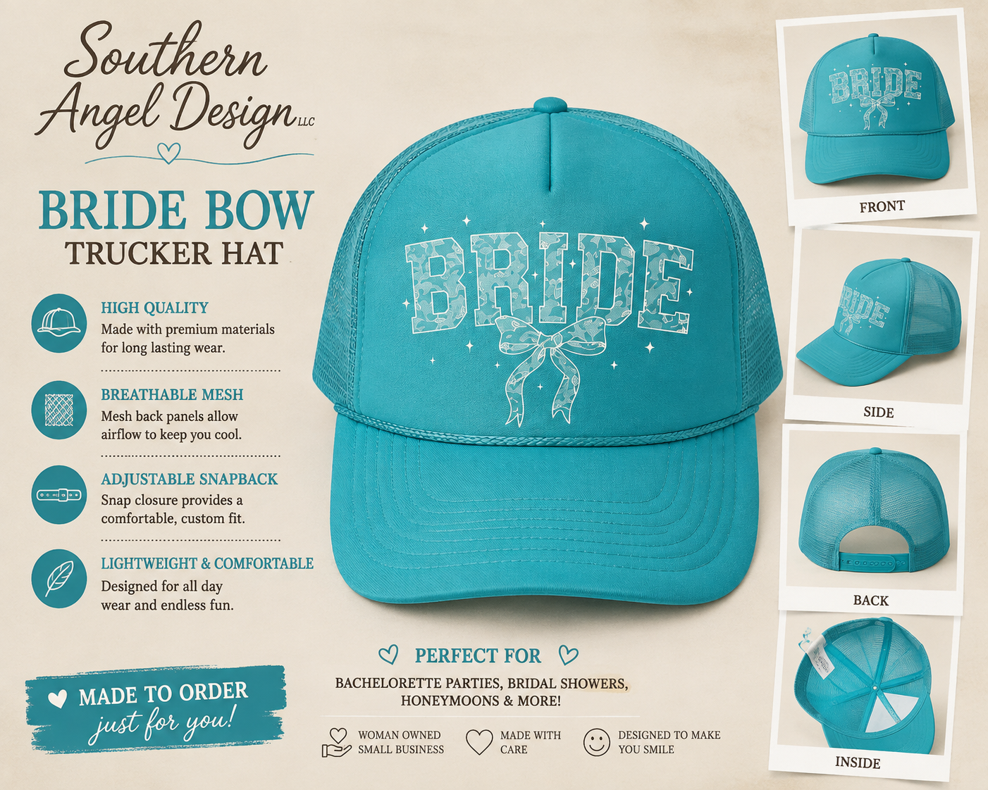 WHITE LACE BRIDE OTTO JADE FOAM FRONT TRUCKER HAT - Southern Angel Design