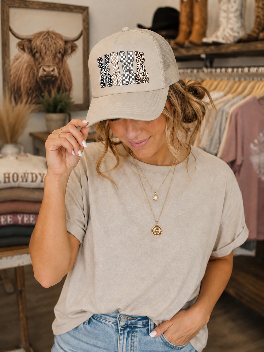 LEOPARD CHECKERED MAMA OTTO KHAKI FOAM FRONT TRUCKER HAT - Southern Angel Design