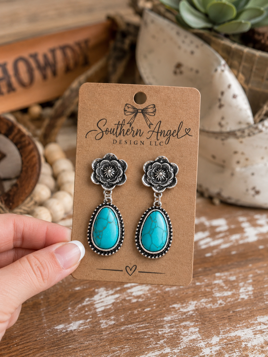 TIPI TURQUOISE HICKORY FALLS SILVERTONE EARRINGS - Southern Angel Design