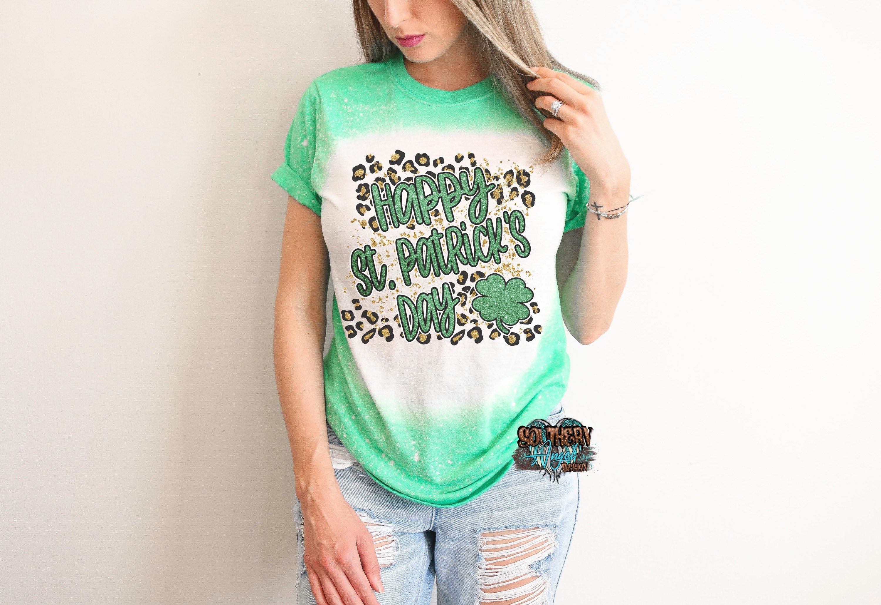 Ladies Happy St Patrick’s Day bleached shirt, Women’s St Patricks Day shirt, Bleached St Patricks Day shirt, Shamrock, Clover
