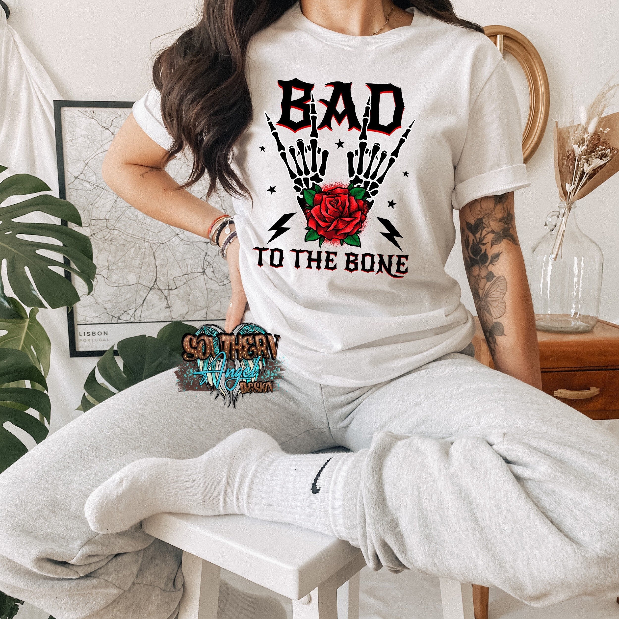 Bad To The Bone Shirt, Skeleton HandShirt. Skeleton Shirt, Bone Shirt, SpookyShirt, Rock And Roll Shirt, Rock Shirt, Skeleton Shirt